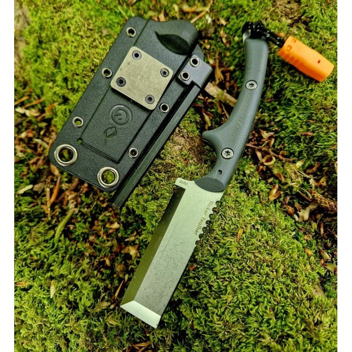 Outdoor element flicker feather with sheath showing sharpener